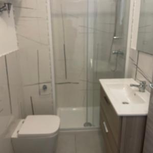 a bathroom with a shower and a toilet and a sink at Casa vacanze joppolo in Ioppolo