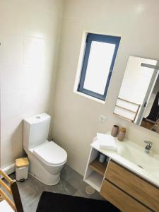a bathroom with a toilet and a sink and a window at Casa Basáltico in Horta +7 photos