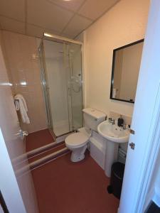 a bathroom with a toilet and a shower and a sink at Waverley Hotel in Bonnyrigg +20 photos