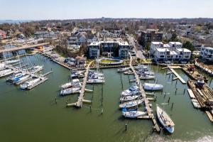 an aerial view of a marina with boats in the water at Captains Quarters Waterfront & Pool in Annapolis +12 photos