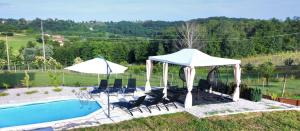 a swimming pool with umbrellas and chairs and a pool at Vinewood in Grabrovnik