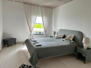 a bedroom with a large bed and a window at Upeskrastu mājas in Vilcāni