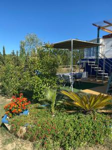 a garden with flowers and an umbrella next to a house at Original Friendly Boat in Sant Pau dʼOrdal