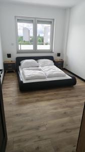 a large bed in a room with two windows at Ceramic Studio Bolesławiec-klimatyzacja, parking podziemny in Bolesławiec