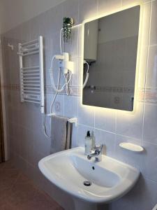 a bathroom with a white sink and a mirror at Apartma Suzy in Bovec +4 photos