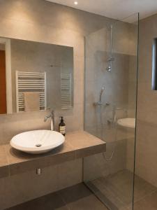 a bathroom with a sink and a shower at Óros Residence - Pool & Panoramic Views in Tzíkidhes +27 photos