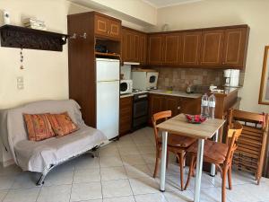 a kitchen with a table and a white refrigerator at Basis Apartment in Karpenisi