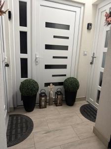 a white garage door with two plants and two candles at Studio Apartman Jovičić in Bjelovar