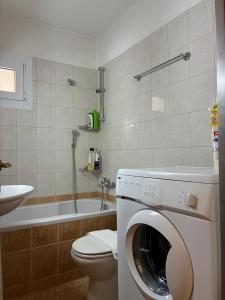 a bathroom with a washing machine and a toilet at Basis Apartment in Karpenisi