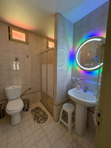 a bathroom with a toilet and a sink and a mirror at Ta Kalamakia Apartments in Vatera +58 photos
