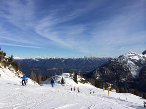 Grupa ludzi zjeżdżających na nartach z pokrytej śniegiem góry w obiekcie Haus Serena oben w mieście Sonnenalpe Nassfeld
