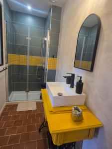 a bathroom with a sink and a shower with a mirror at La Granch' - Maison d'hôtes in Harcourt