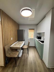 a kitchen with a table and chairs in a room at D&D Studio in Petrila
