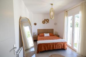 a bedroom with a bed and a mirror at Terracotta house in Sorgues