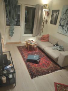 ein Wohnzimmer mit Sofa und einem Tisch mit Laptop in der Unterkunft Torleiv in Oslo
