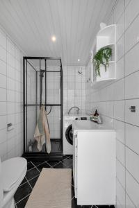 a bathroom with a sink and a washing machine at Apartment in Tromsdalen in Tromsø