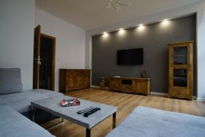 Una sala de estar con un sofá y un televisor de pantalla plana. en Apartament MARIACKA 42, en Gdansk
