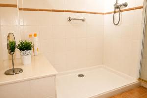 a white bathroom with a tub and a plant on a counter at La Cepada in Carrandi