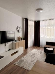 a living room with a flat screen tv on a cabinet at Ferienwohnung am Schluchsee mit Balkon & Pool in Schluchsee