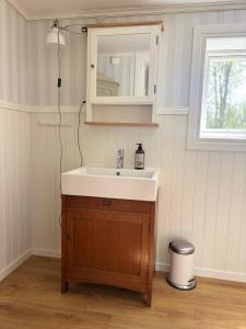 a bathroom with a sink and a mirror at Hus Hultsnäs in Högsby +20 photos