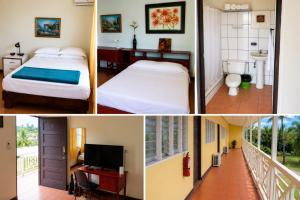 a collage of three pictures of a hotel room at Casa Amarilla Caribbean Stay in Puerto Limón