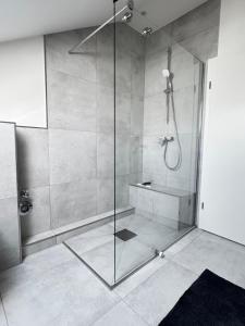 eine Dusche mit Glastür im Badezimmer in der Unterkunft Studio No 1 in Heinsberg