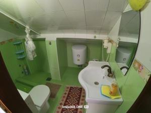 a green bathroom with a sink and a toilet at Yard House Trpejca in Ohrid +89 photos
