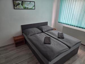 a bedroom with a bed with two boxes on it at Penzión Poloniny in Ulič +5 photos
