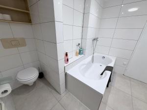 a white bathroom with a toilet and a sink at Eliasar2 in Linz