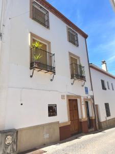 a white building with a plant in a window at Apartamentos Esencia vistas al embalse 2 in Hornos