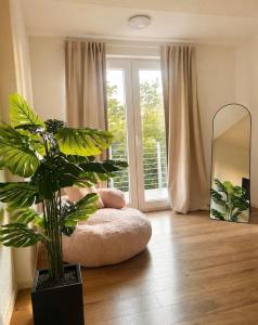 a living room with a potted plant and a mirror at EDA di Lago, 2-Zimmer Wohnung, Kostenfreies Parken, 24h Check-IN in Reichenau