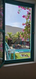 a window with a view of a yard with a pool at The Upcycled Hostel in Ica