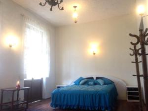 a bedroom with a blue bed and a window at Guesthouse Nelson L in Quito