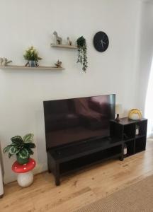 a living room with a large flat screen tv at Stadium Solution Flat in London