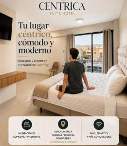 a man sitting on a bed in a hotel room at Centrica Suite Hotel in Huarmey +5 photos