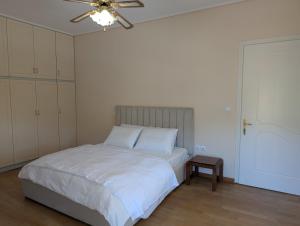 a bedroom with a bed and a ceiling fan at Vila Albert in Gjirokastër