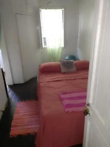 a bedroom with a bed with pink sheets and a window at Guest house in Basseterre