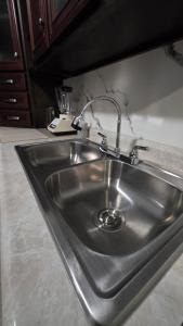 a stainless steel sink in a kitchen at Casa León Cerca del Aeropuerto Internacional y Parques Industriales, Facturamos in Monterrey
