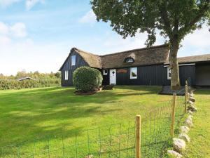 a black house with a tree in the yard at Charming cottage near forest in Farsø in Farsø