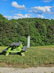 a green picnic table sitting in the grass at Hocking Hills Store Campsite #4 in Logan
