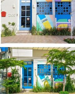 two pictures of a building with a blue door at iHostel Aldeota in Fortaleza