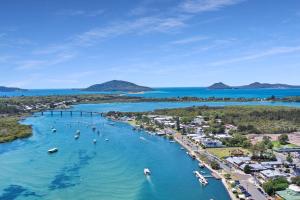 an aerial view of a harbor with boats in the water at Tranquil Times in Tea Gardens