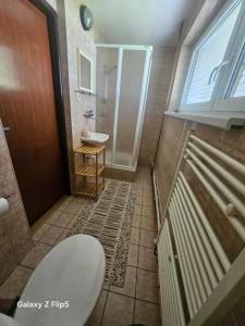 a small bathroom with a toilet and a shower at Privát Marika in Terchová