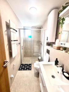 a bathroom with a shower and a toilet and a sink at Lenka Lux Apartmans in Divčibare +22 photos