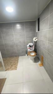 a bathroom with a toilet and a tile wall at La Cazatila in Petite Île +2 photos
