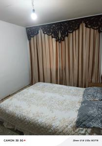 a bedroom with a bed and a curtain at Сдается дача in Balqash