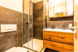 a bathroom with a shower and a toilet and a sink at Black Mirror inkl WLAN, Parkplatz Krankenhaus Detmold in Detmold +17 photos