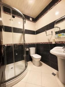 a bathroom with a shower and a toilet and a sink at Antika Hotel in Batumi