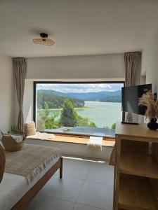 a living room with a large window with a view at Moon Lake Bicaz - Aurora Sky in Buhalniţa