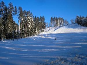 a person is skiing down a snow covered slope at Kempings Ozolkalns in Cēsis